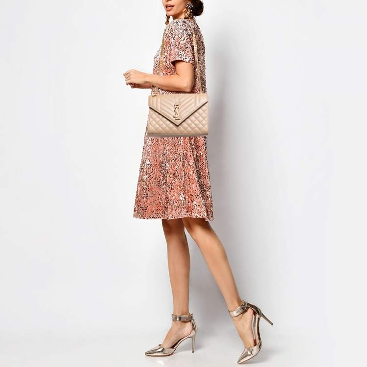 Pre Owned Saint Laurent Beige Matelassé Leather Small Envelope Chain Shoulder Bag