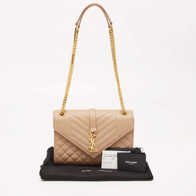 Pre Owned Saint Laurent Beige Matelassé Leather Small Envelope Chain Shoulder Bag