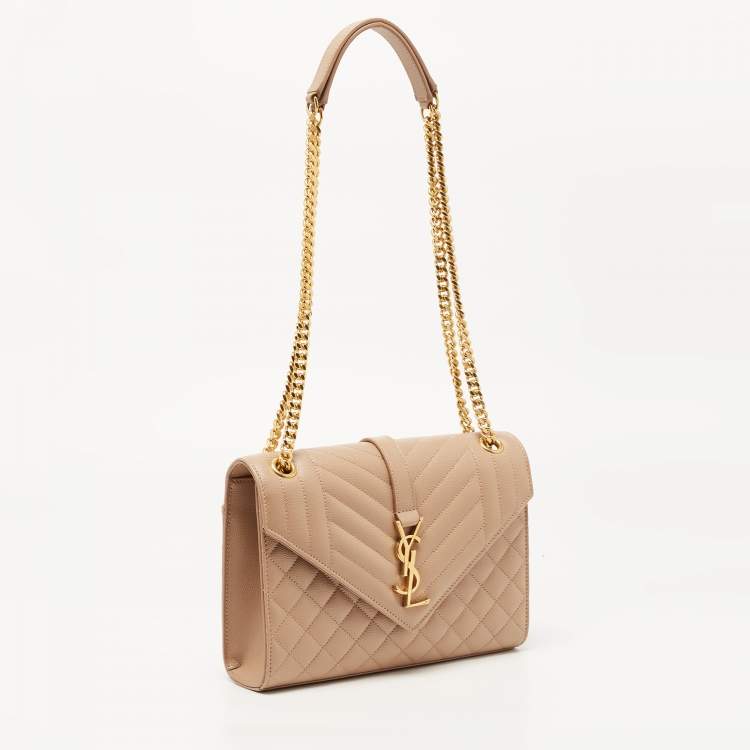 Pre Owned Saint Laurent Beige Matelassé Leather Small Envelope Chain Shoulder Bag