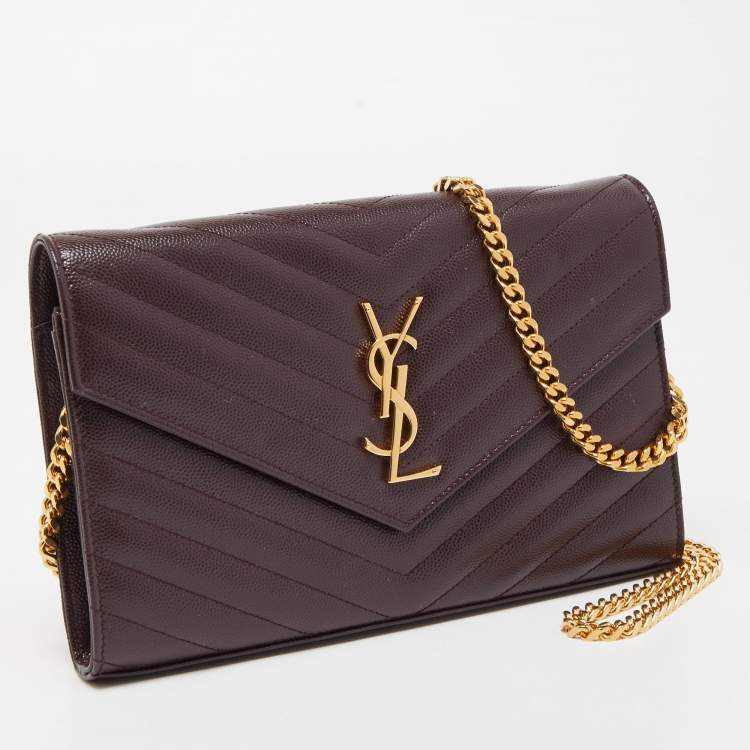 Pre Owned Saint Laurent Burgundy Matelasse Leather Cassandra Wallet on Chain