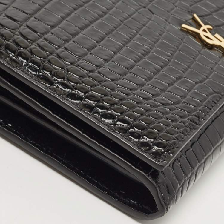 Pre Owned Saint Laurent Black Croc Embossed Leather Monogram Wallet On Chain