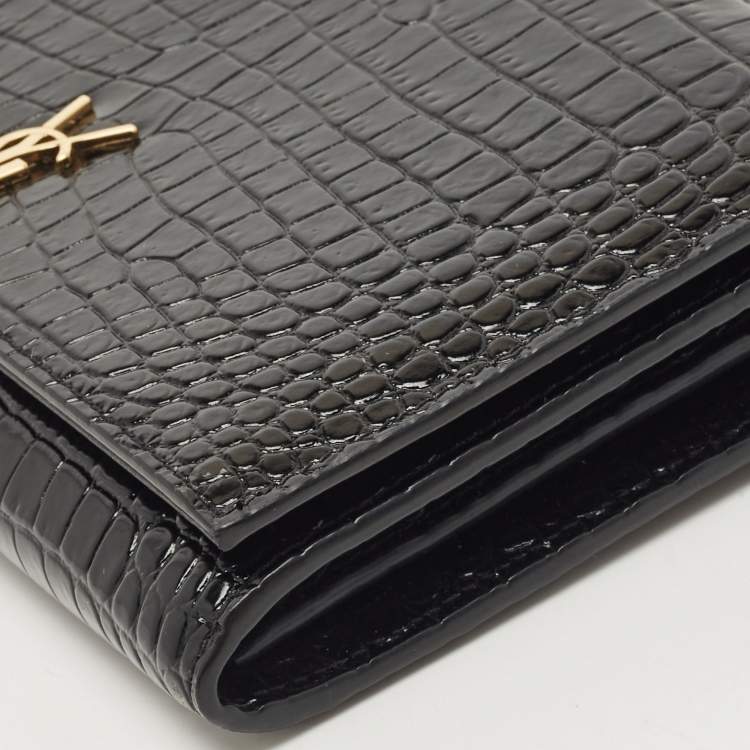 Pre Owned Saint Laurent Black Croc Embossed Leather Monogram Wallet On Chain