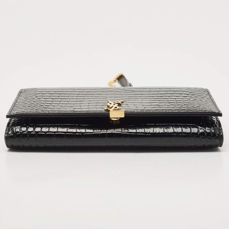 Pre Owned Saint Laurent Black Croc Embossed Leather Monogram Wallet On Chain