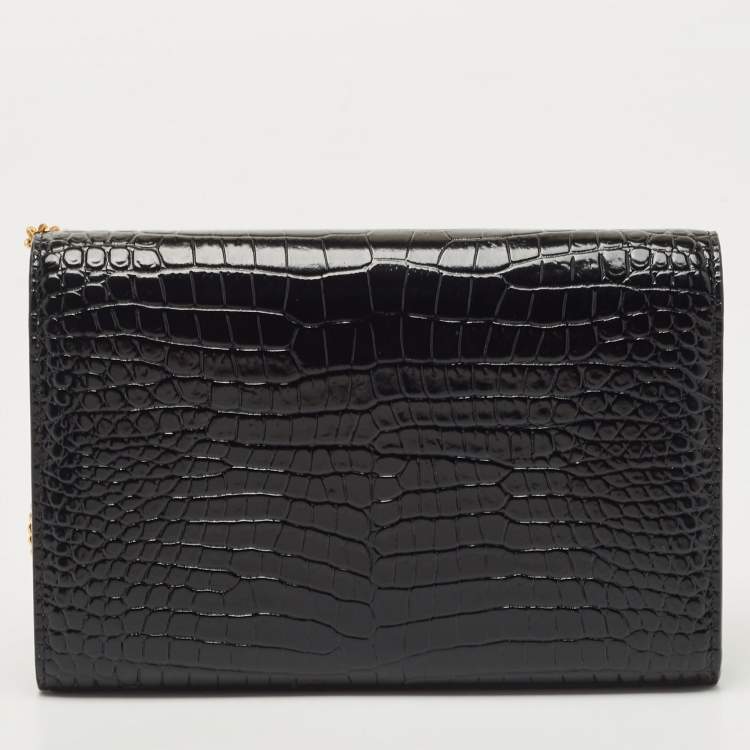 Pre Owned Saint Laurent Black Croc Embossed Leather Monogram Wallet On Chain