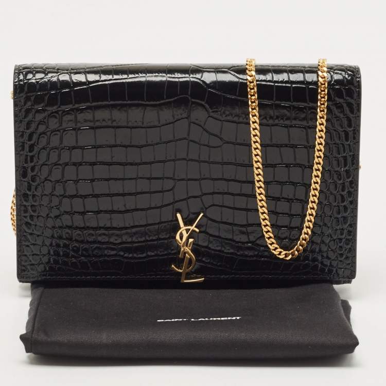 Pre Owned Saint Laurent Black Croc Embossed Leather Monogram Wallet On Chain