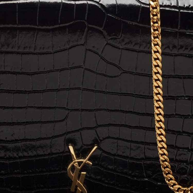 Pre Owned Saint Laurent Black Croc Embossed Leather Monogram Wallet On Chain