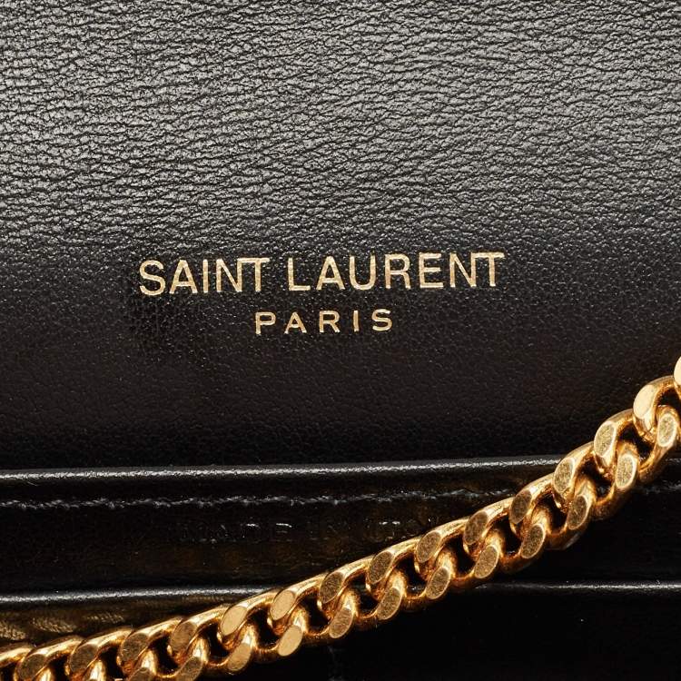 Pre Owned Saint Laurent Black Croc Embossed Leather Monogram Wallet On Chain