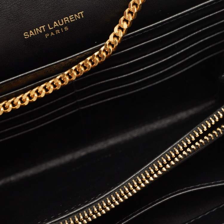 Pre Owned Saint Laurent Black Croc Embossed Leather Monogram Wallet On Chain