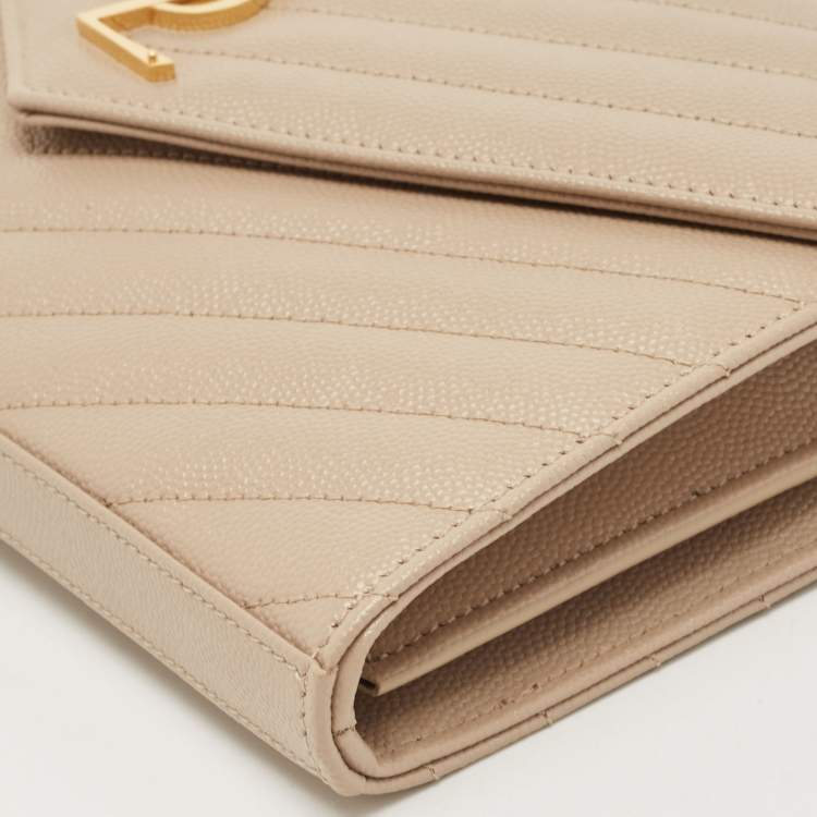 Pre Owned Saint Laurent Beige Matelassé Leather Cassandre Wallet on Chain