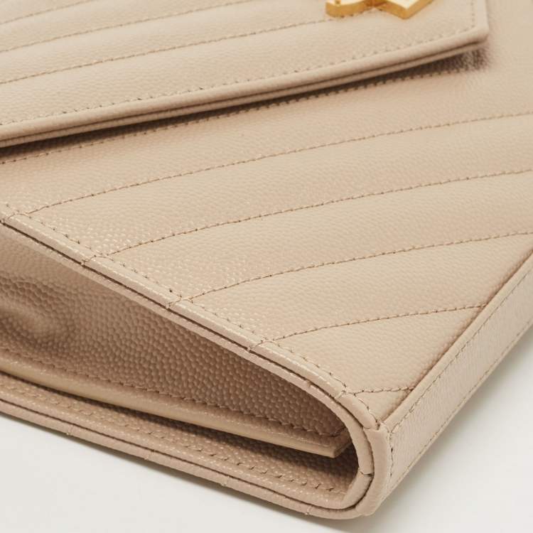 Pre Owned Saint Laurent Beige Matelassé Leather Cassandre Wallet on Chain