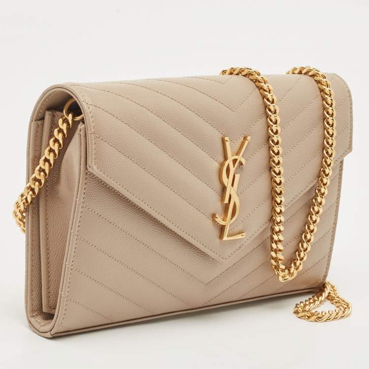 Pre Owned Saint Laurent Beige Matelassé Leather Cassandre Wallet on Chain