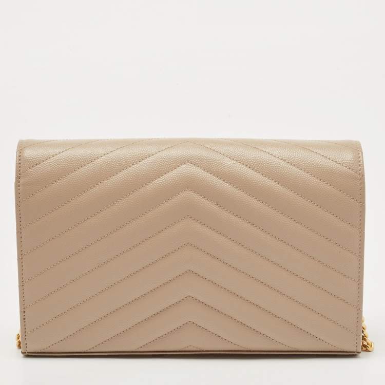 Pre Owned Saint Laurent Beige Matelassé Leather Cassandre Wallet on Chain