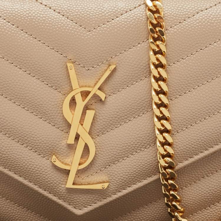 Pre Owned Saint Laurent Beige Matelassé Leather Cassandre Wallet on Chain