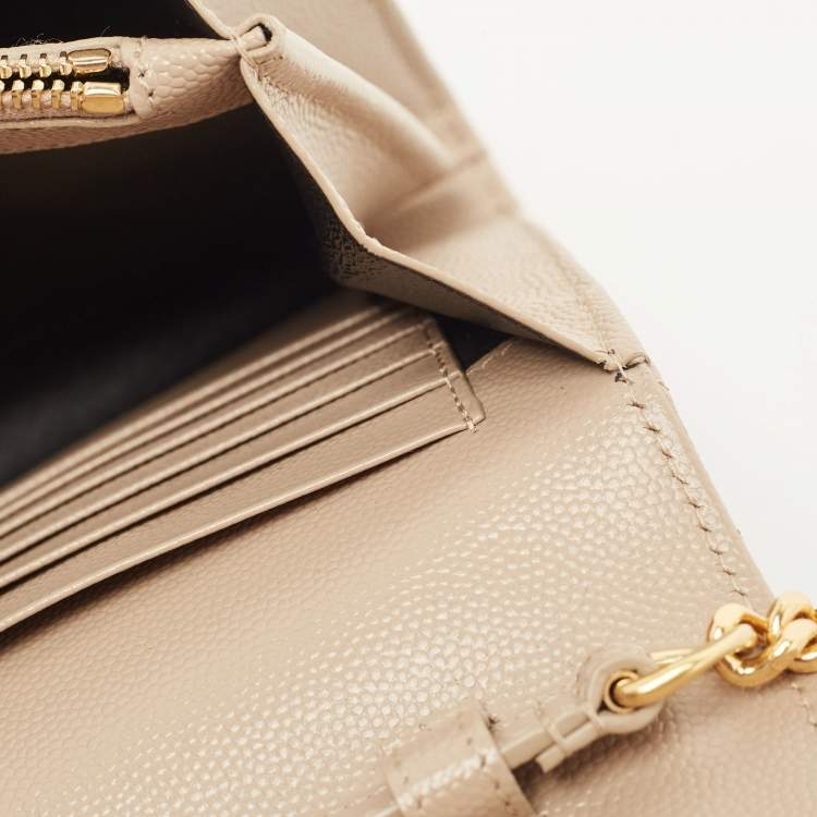 Pre Owned Saint Laurent Beige Matelassé Leather Cassandre Wallet on Chain