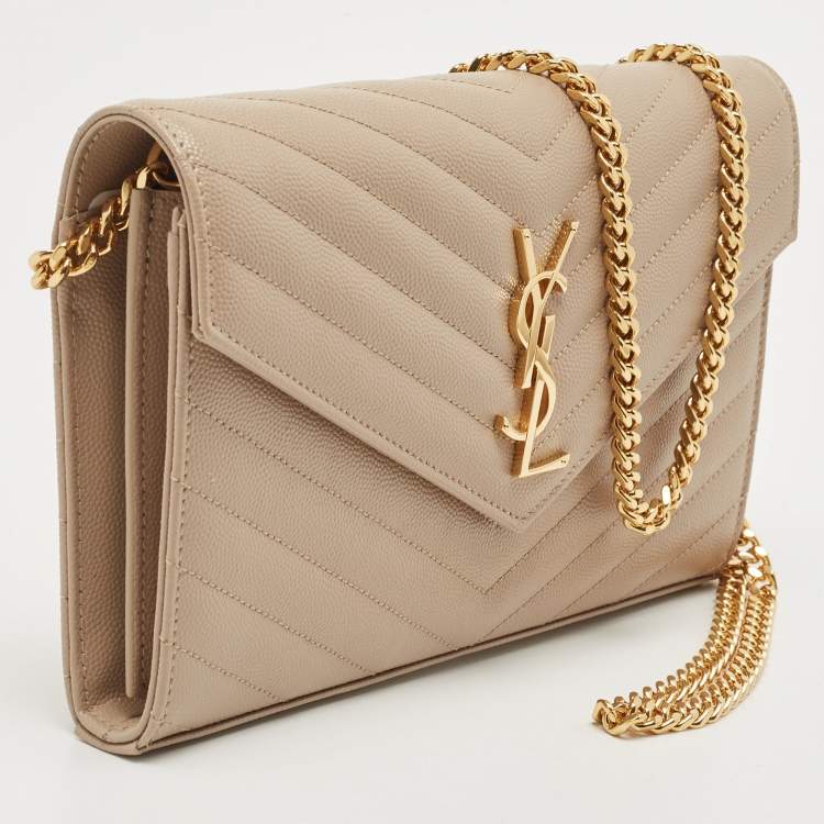 Pre Owned Saint Laurent Beige Matelassé Leather Cassandre Wallet on Chain