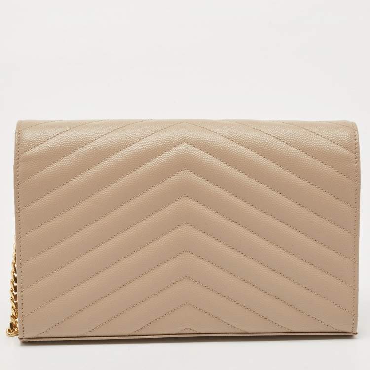 Pre Owned Saint Laurent Beige Matelassé Leather Cassandre Wallet on Chain