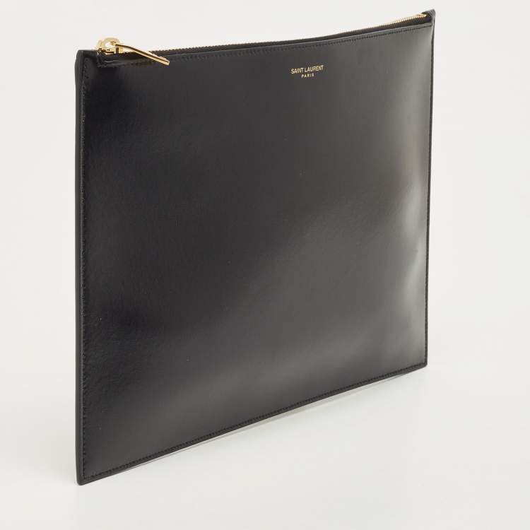 Pre Owned Saint Laurent Black Glossy Leather Zip Pouch