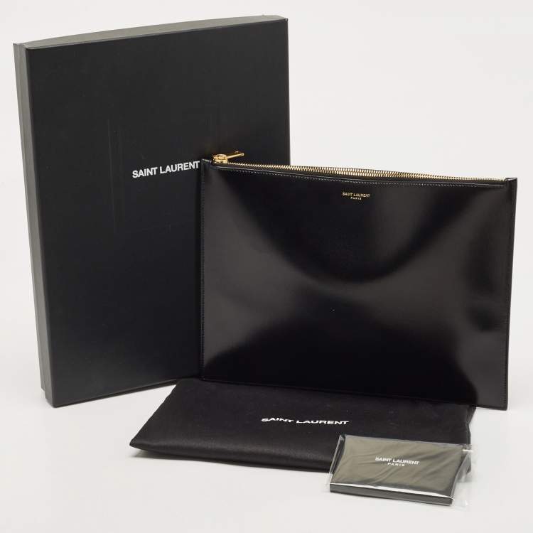 Pre Owned Saint Laurent Black Glossy Leather Zip Pouch