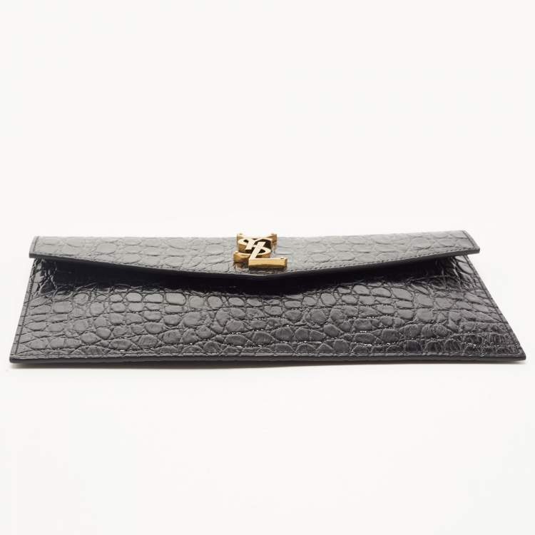 Pre Owned Saint Laurent Black Croc Embossed Leather Medium Uptown Clutch