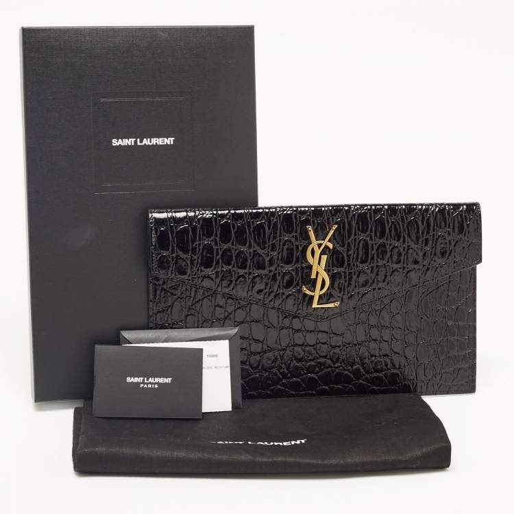 Pre Owned Saint Laurent Black Croc Embossed Leather Medium Uptown Clutch
