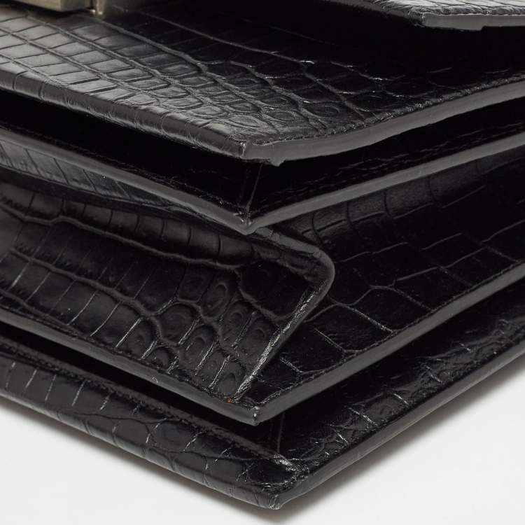 Pre Owned Saint Laurent Black Croc Embossed Leather Medium Babylone Top Handle Bag