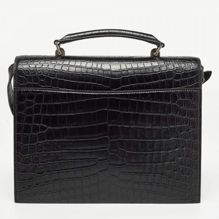 Pre Owned Saint Laurent Black Croc Embossed Leather Medium Babylone Top Handle Bag
