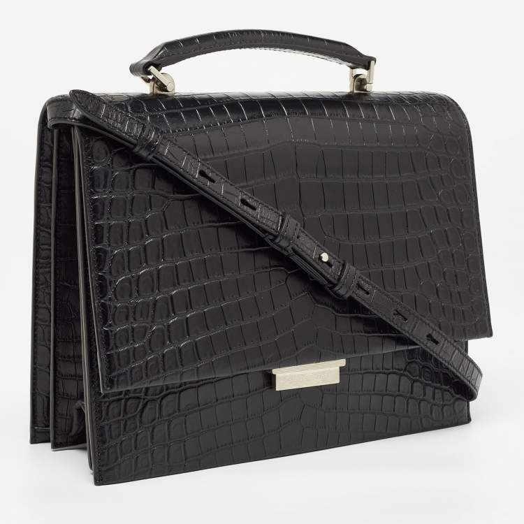 Pre Owned Saint Laurent Black Croc Embossed Leather Medium Babylone Top Handle Bag