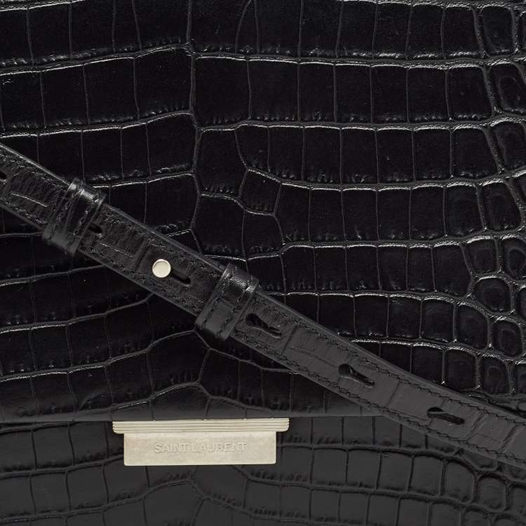 Pre Owned Saint Laurent Black Croc Embossed Leather Medium Babylone Top Handle Bag