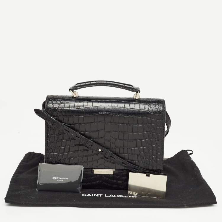 Pre Owned Saint Laurent Black Croc Embossed Leather Medium Babylone Top Handle Bag