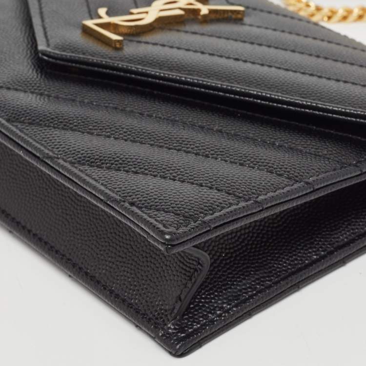 Pre Owned Saint Laurent Black Matelassé Leather Cassandre Wallet on Chain