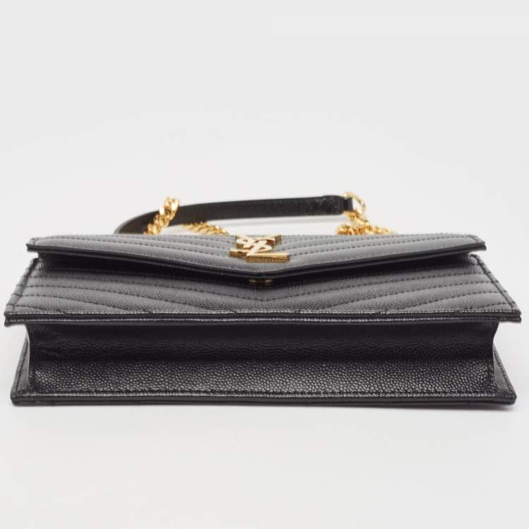 Pre Owned Saint Laurent Black Matelassé Leather Cassandre Wallet on Chain