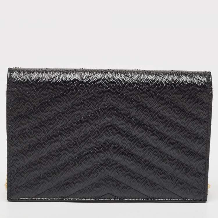 Pre Owned Saint Laurent Black Matelassé Leather Cassandre Wallet on Chain
