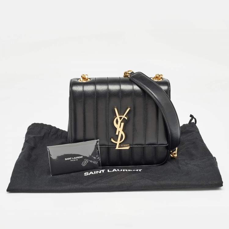 Pre Owned Saint Laurent Black Leather Medium Monogram Vicky Crossbody Bag