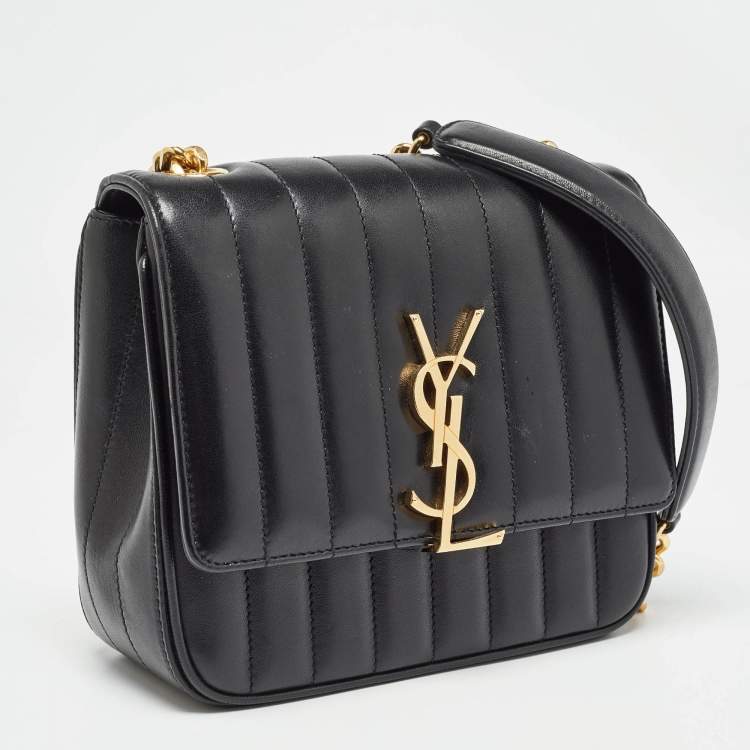 Pre Owned Saint Laurent Black Leather Medium Monogram Vicky Crossbody Bag