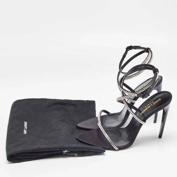 Pre Owned Saint Laurent Black Crystal Embellished Satin Satine Sandals Size 37