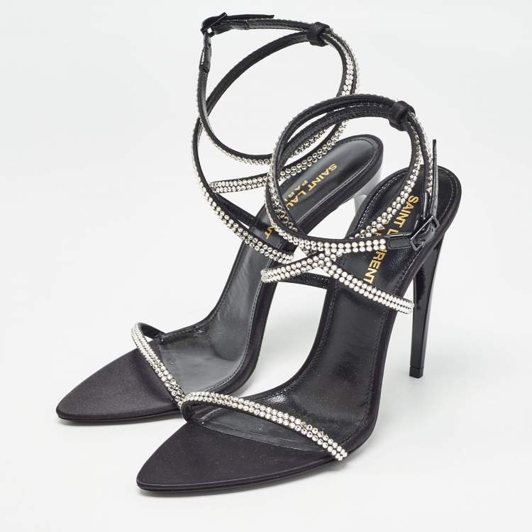 Pre Owned Saint Laurent Black Crystal Embellished Satin Satine Sandals Size 37