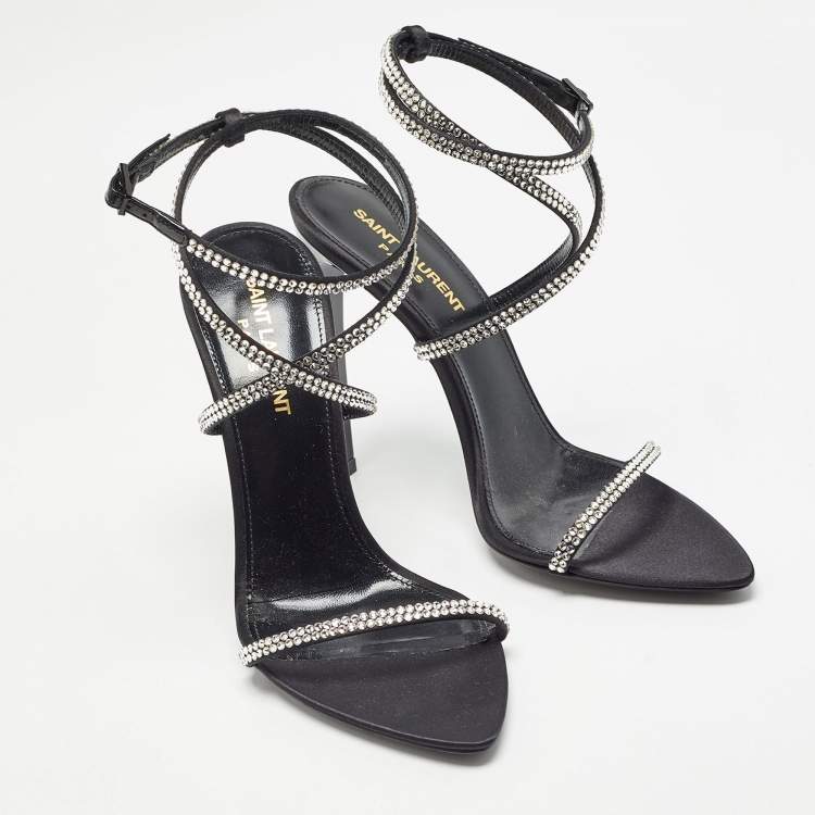 Pre Owned Saint Laurent Black Crystal Embellished Satin Satine Sandals Size 37