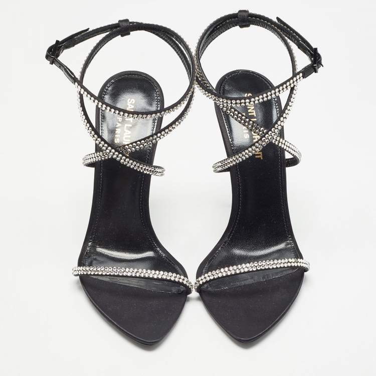 Pre Owned Saint Laurent Black Crystal Embellished Satin Satine Sandals Size 37