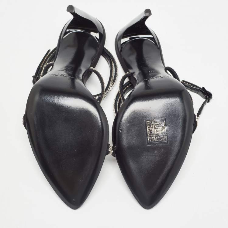 Pre Owned Saint Laurent Black Crystal Embellished Satin Satine Sandals Size 37