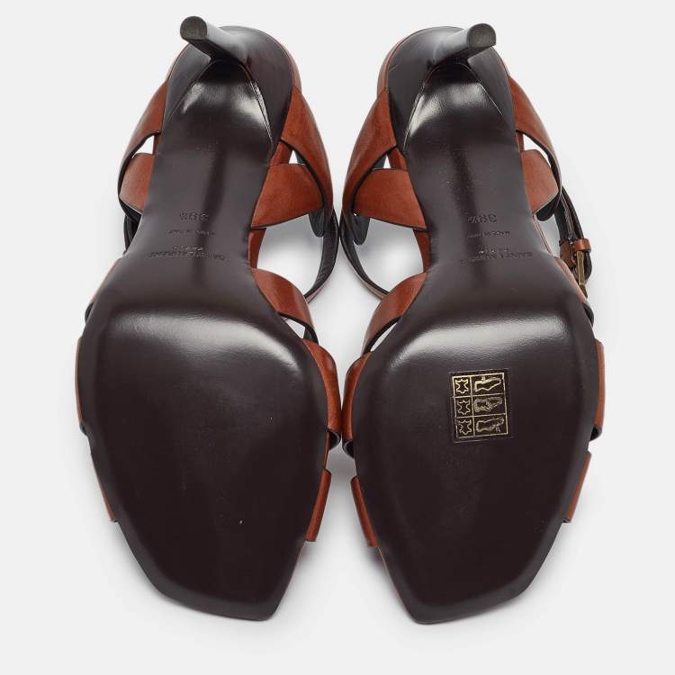 Pre Owned Saint Laurent Brown Leather Tribute  Sandals Size 39.5