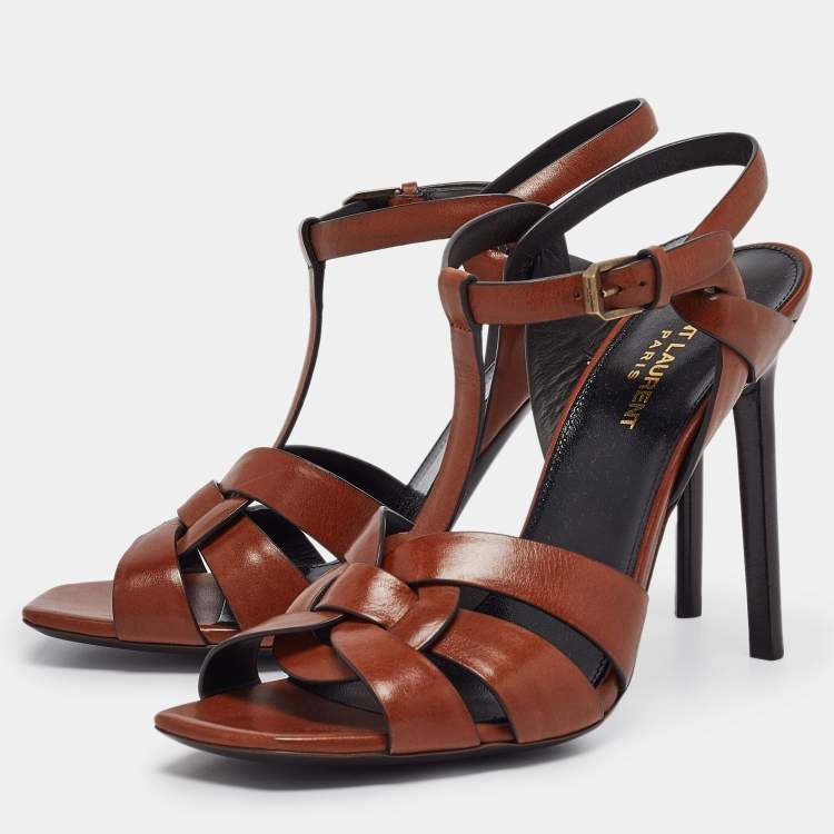 Pre Owned Saint Laurent Brown Leather Tribute  Sandals Size 39.5