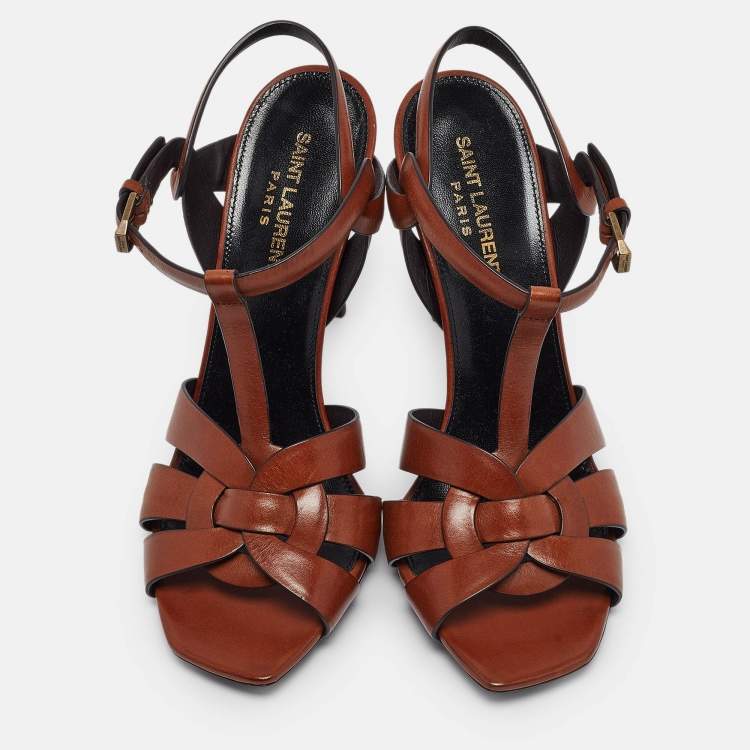 Pre Owned Saint Laurent Brown Leather Tribute  Sandals Size 39.5
