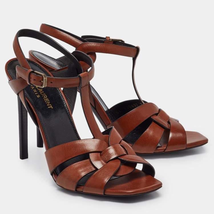 Pre Owned Saint Laurent Brown Leather Tribute  Sandals Size 39.5