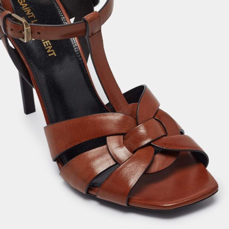 Pre Owned Saint Laurent Brown Leather Tribute  Sandals Size 39.5