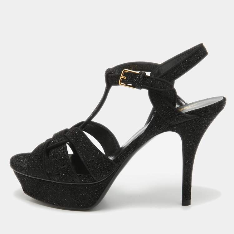 مملوكة مسبقًا Saint Laurent Black Glitter Suede Tribute  Sandals Size 37