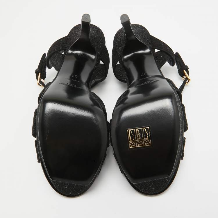 مملوكة مسبقًا Saint Laurent Black Glitter Suede Tribute  Sandals Size 37