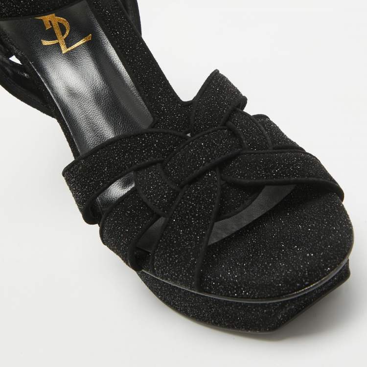 مملوكة مسبقًا Saint Laurent Black Glitter Suede Tribute  Sandals Size 37