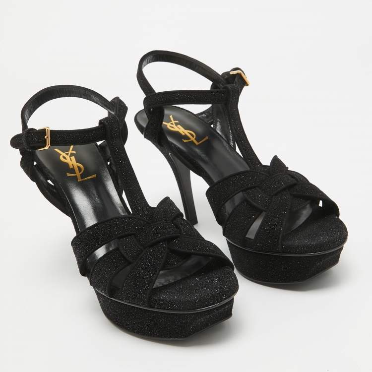 مملوكة مسبقًا Saint Laurent Black Glitter Suede Tribute  Sandals Size 37