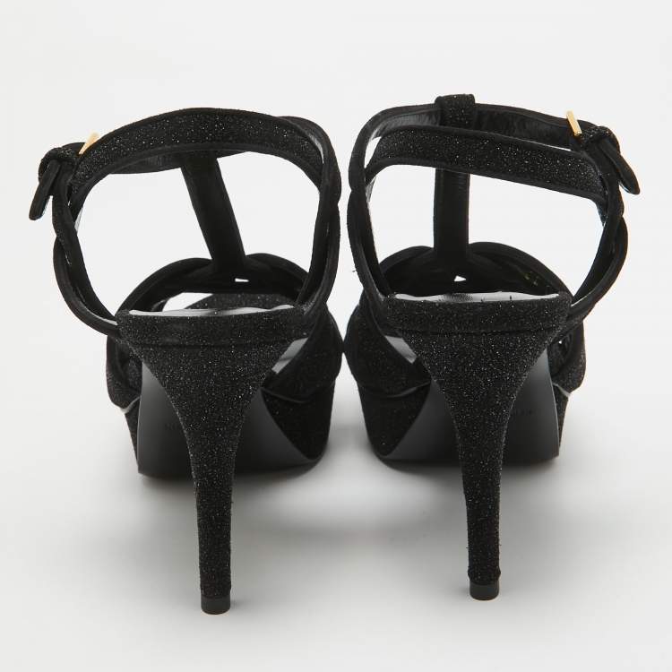 مملوكة مسبقًا Saint Laurent Black Glitter Suede Tribute  Sandals Size 37
