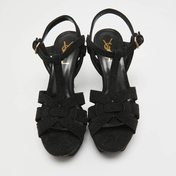 مملوكة مسبقًا Saint Laurent Black Glitter Suede Tribute  Sandals Size 37